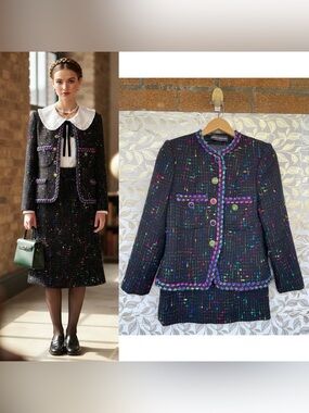 Herbert Grossman Wool Blend Tweed Skirt Suit Set Vintage 4 Colorful Gem Buttons